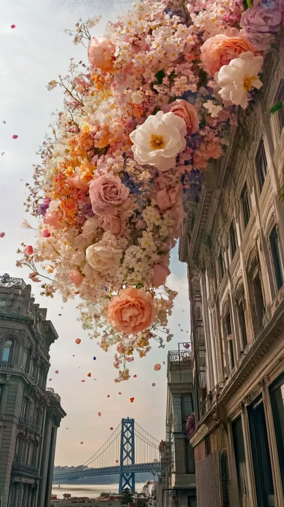A massive, cascading arrangement of pastel pink, peach, and white flowers adorns a city building.  Petals fall like confetti against a backdrop of elegant architecture and a distant bridge. The scene is whimsical and romantic, with the flowers creating a stunning display against the urban setting.  The sky is light and airy, enhancing the overall dreamy atmosphere.