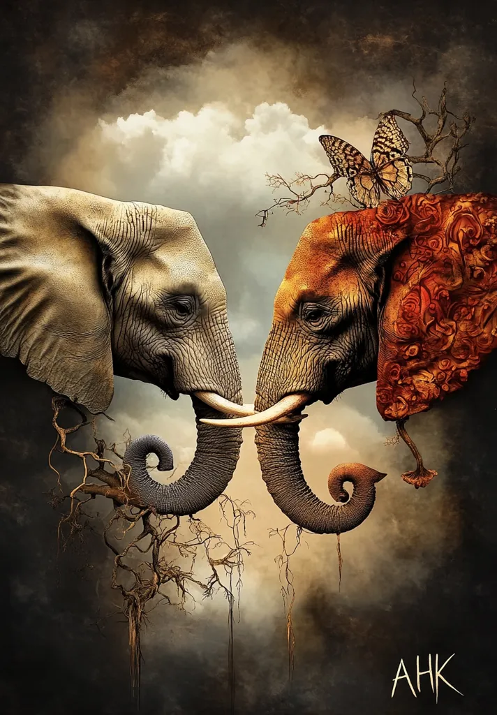 A surreal artwork depicts two elephants, one light and one adorned with fiery orange floral patterns, their trunks intertwined.  A butterfly rests on the patterned elephant's head, above a whimsical, barren tree.  The elephants' forms are highly detailed, contrasting against a moody, cloudy backdrop. The artist's signature, AHK, is subtly placed in the bottom right corner. The overall tone is dreamlike and evocative.