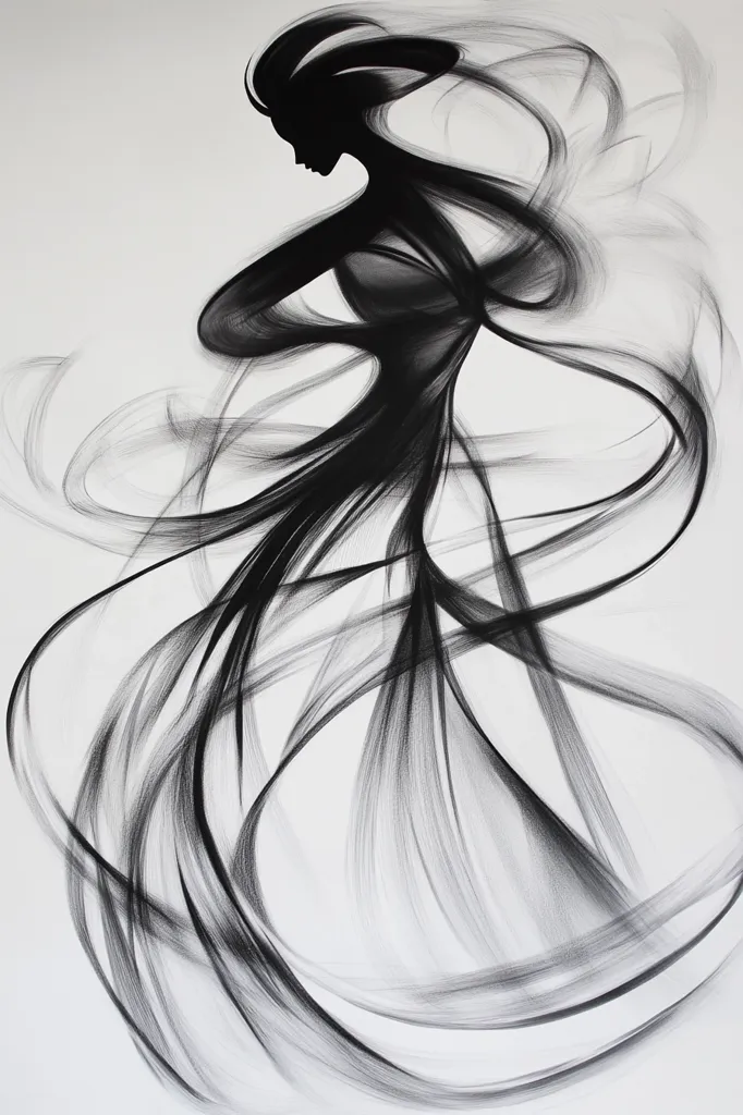 A monochromatic abstract artwork depicts a female figure enveloped in swirling, dynamic lines.  The figure's silhouette is dark, contrasting sharply against the white background, creating a sense of movement and fluidity.  The lines suggest hair or a flowing garment, extending and twisting into an energetic composition. The overall effect is one of ethereal grace and powerful motion.