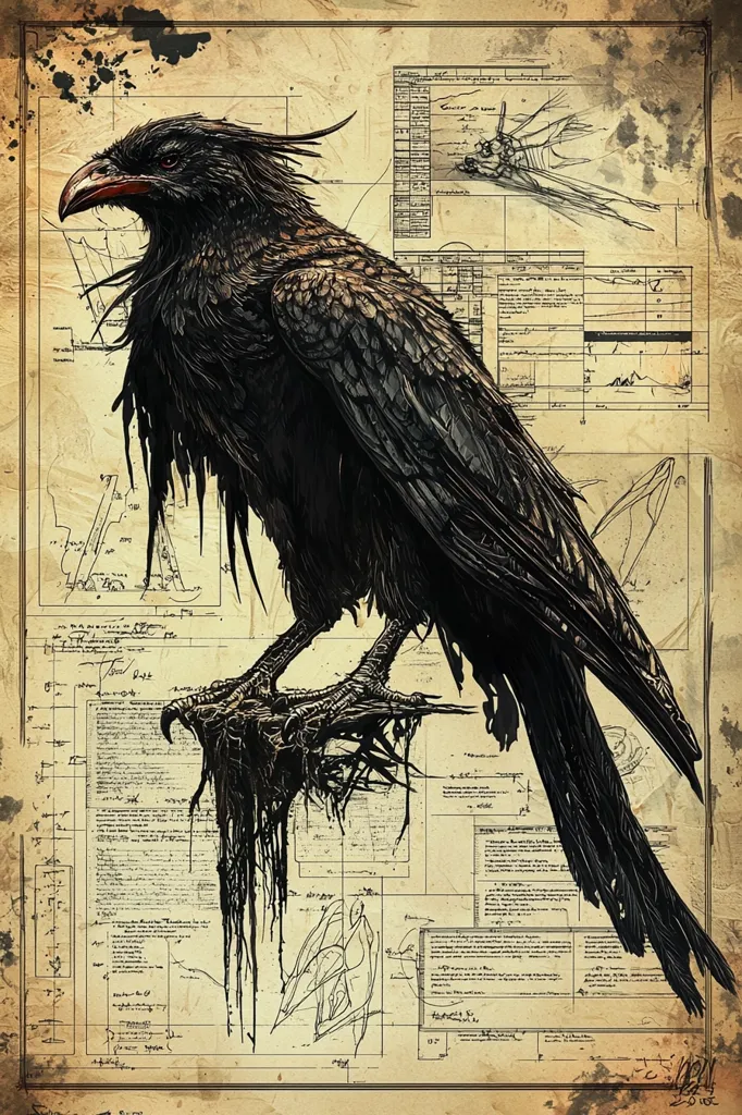 A detailed illustration depicts a large, dark raven perched on a decaying, thorny branch.  Its feathers appear worn and dripping with a dark substance. The raven is positioned against a backdrop of aged parchment filled with intricate technical drawings and diagrams, reminiscent of engineering blueprints or scientific notes, giving the image a gothic steampunk aesthetic.  The overall style is dark, detailed, and evocative of a mysterious, possibly macabre, subject.