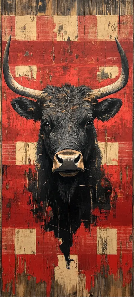 A striking artwork depicts a black bull's head and shoulders against a vibrant backdrop. The background is a textured, red and beige checkered pattern reminiscent of a rustic wooden surface or flag, adding to the artwork's bold and powerful aesthetic.  The bull's intense gaze directly engages the viewer, creating a captivating and memorable image.  The style is a blend of realism and abstract expressionism, with visible brushstrokes and textures contributing to the piece's overall impact.