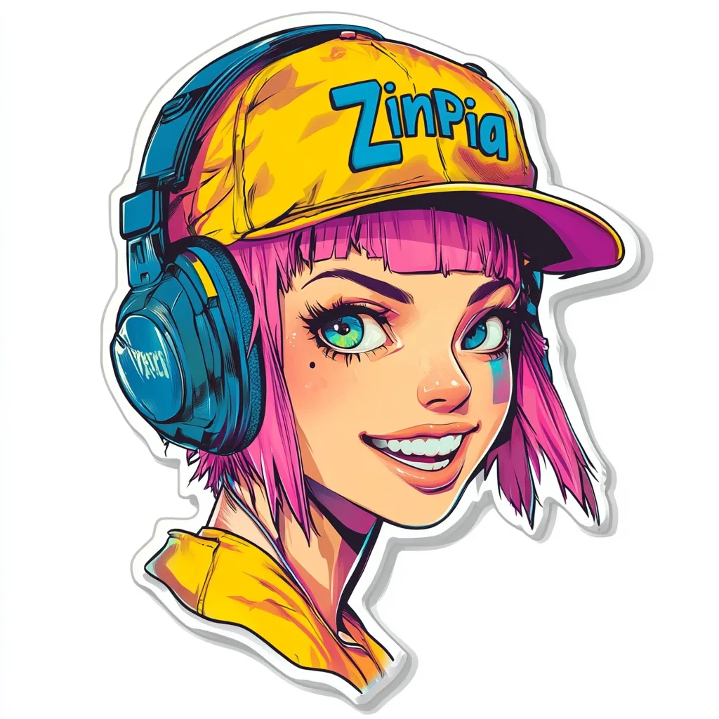 A vibrant sticker design features a stylized anime girl with bright pink hair, wearing oversized headphones and a yellow baseball cap with "ZinPia" emblazoned on it.  Her expression is cheerful and confident, showcasing a wide, toothy grin. The art style is bold and colorful, with sharp lines and exaggerated features.  The overall aesthetic is energetic and trendy.