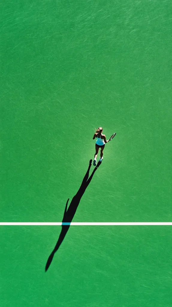 An overhead shot shows a female tennis player running across a vibrant green court, her shadow stretching long behind her. She holds her racket, her form suggesting a powerful stride.  The court's bright green contrasts with the white line dividing the playing area, creating a visually striking image.  The overall impression is one of speed, energy, and athleticism.