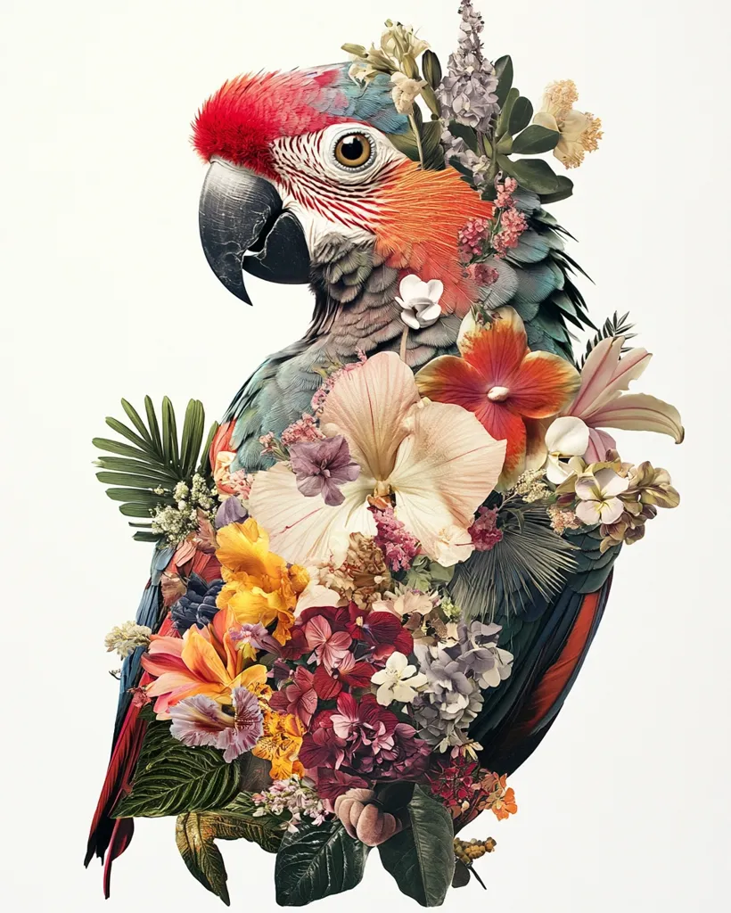 A vibrant digital artwork depicts a scarlet macaw adorned with a profusion of tropical flowers.  The parrot's plumage is partially obscured by a lush bouquet of hibiscus, orchids, and other blossoms in rich hues of red, pink, orange, and yellow. The composition is detailed and realistic, creating a striking visual blend of avian and floral elements against a stark white background.