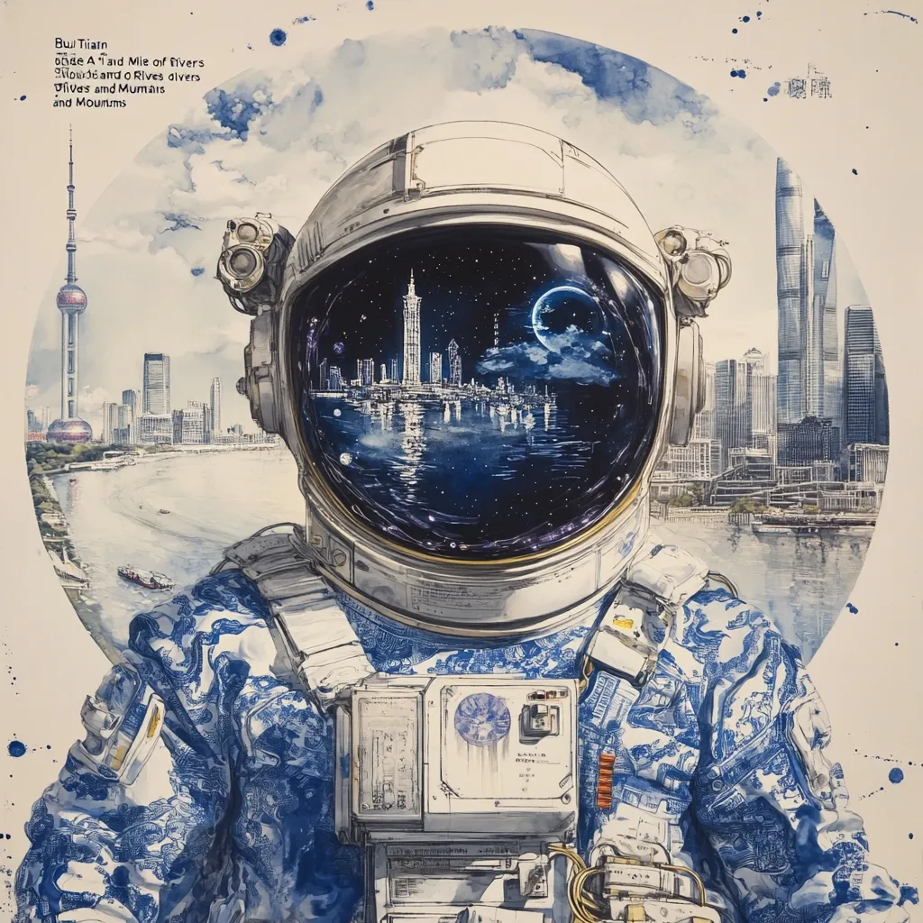 A watercolor painting depicts an astronaut, whose helmet reflects a nighttime cityscape, possibly Shanghai, with its iconic skyline and river.  The astronaut's suit is adorned with a blue and white pattern reminiscent of Chinese porcelain.  The background features a circular frame, contrasting the futuristic astronaut with the traditional design elements. The overall effect is a blend of modern space exploration and classical Chinese artistry.