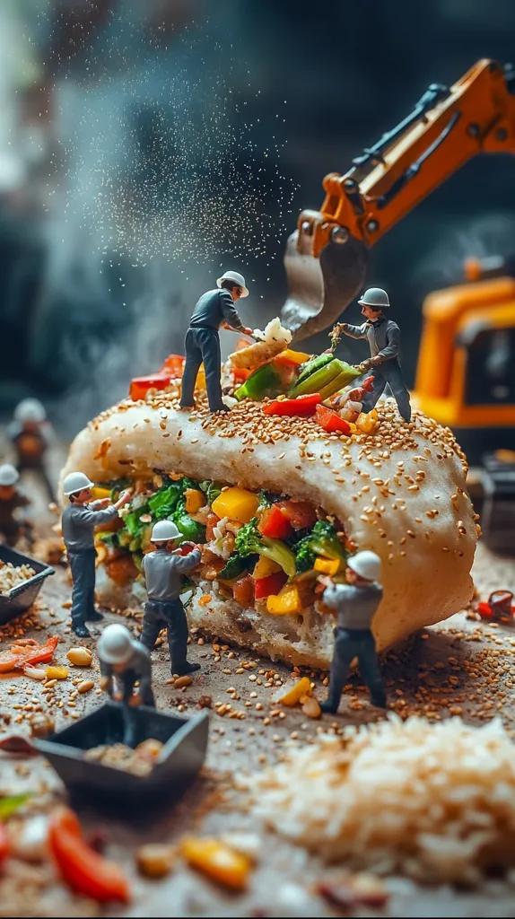 Miniature construction workers, wearing hard hats, use a toy excavator to build a massive vegetable-filled bun.  They meticulously add colorful vegetables to the top, while others work on the base.  The scene is set on a table surrounded by spilled sesame seeds and grains, creating a whimsical and detailed food-construction project.