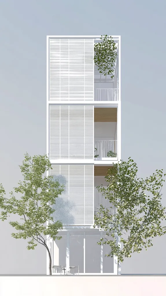 A minimalist three-story white building is depicted against a light gray sky.  The building features horizontal slatted screens on each level, providing shade and privacy.  Small balconies are visible on the upper floors, with one featuring greenery.  Lush green trees flank the structure, enhancing its serene aesthetic.  The ground floor showcases large glass doors, suggesting an open interior. The overall design conveys a sense of modern elegance and tranquility.