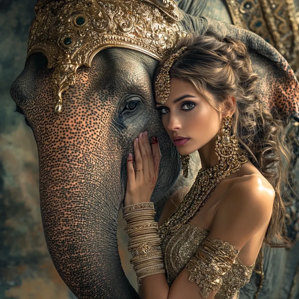 A young woman, adorned in elaborate gold Indian jewelry, including bangles, earrings, and a necklace, stands close to an elephant.  The elephant also wears a golden headdress. The woman's hair is styled elegantly, and she gazes softly at the viewer. The image evokes a sense of regal beauty and cultural richness. The background is subtly blurred, focusing attention on the central figures.