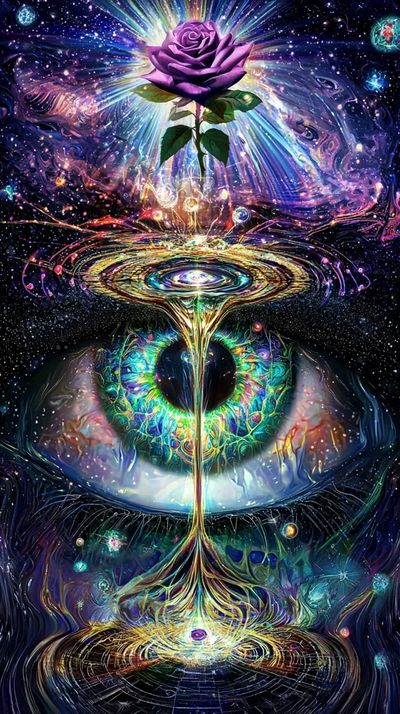 A vibrant cosmic artwork depicts a purple rose blooming at the center, its stem extending down into a vast, intricately detailed eye.  The eye's iris is a swirling nebula of greens and blues, connected to a golden, root-like structure that plunges into a cosmic abyss.  Surrounding this central image is a vibrant, psychedelic representation of space, filled with stars, galaxies, and swirling energy. The overall effect is one of interconnectedness and cosmic wonder.