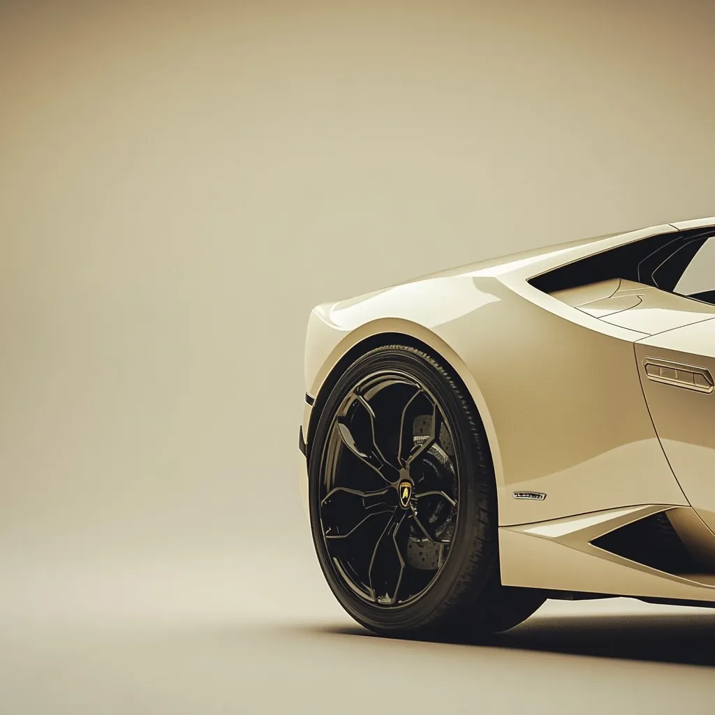 A close-up shot showcases the rear quarter panel of a sleek, off-white Lamborghini Huracán.  The car's design is highlighted, emphasizing its curves and the black, intricately designed alloy wheels. The background is a muted beige, drawing focus to the vehicle's elegant form. The image exudes luxury and sophistication.