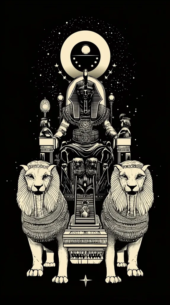 An Egyptian pharaoh, adorned in elaborate headdress and regalia, sits majestically upon a throne pulled by two majestic lion-headed sphinxes. The scene is set against a backdrop of a starry night sky, with a large celestial orb dominating the upper portion.  The style is reminiscent of ancient Egyptian art, rendered in a striking black and white palette with intricate details.  The image evokes a sense of power, divinity, and cosmic significance.