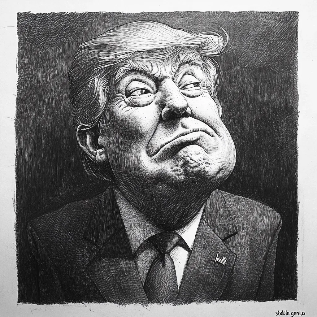 A meticulously detailed, black and white pen-and-ink drawing depicts a caricature of Donald Trump.  His characteristic hairstyle, facial features, and expression are exaggerated for comedic effect. He's portrayed in a suit with a subtly rendered American flag pin, his gaze directed upward. The hatching style creates a strong sense of texture and shadow.  The artist's signature, "stable genius," is discreetly placed in the bottom right corner.