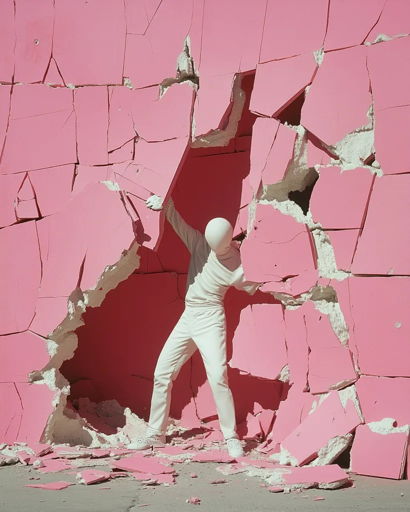 A white, faceless figure forcefully breaks through a large, cracked pink wall.  The figure's pose suggests strength and determination as pieces of the wall crumble around them.  The contrast between the figure's stark white and the vibrant pink creates a visually striking image, possibly representing overcoming obstacles or breaking free from confinement. The scene is set outdoors, under bright sunlight.