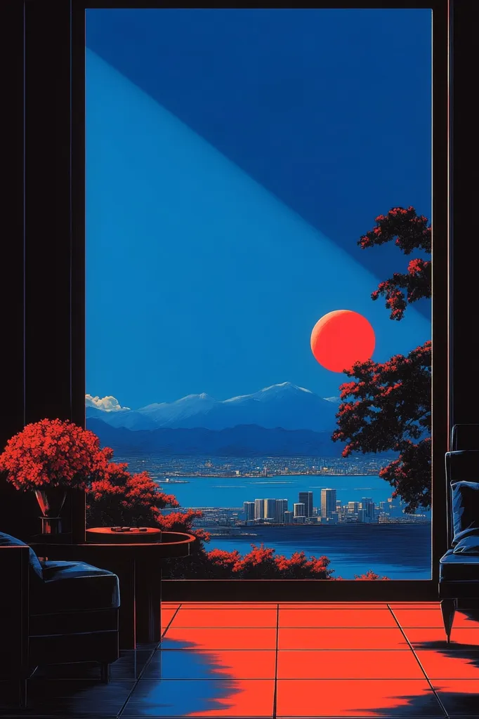 A vibrant, stylized artwork depicts a cityscape viewed through a large window.  A large, red sun dominates the horizon, casting a dramatic light across mountains and a calm body of water.  The interior features dark furniture and a red tile floor, creating a stark contrast with the bright exterior.  The overall aesthetic is retro-futuristic and serene.