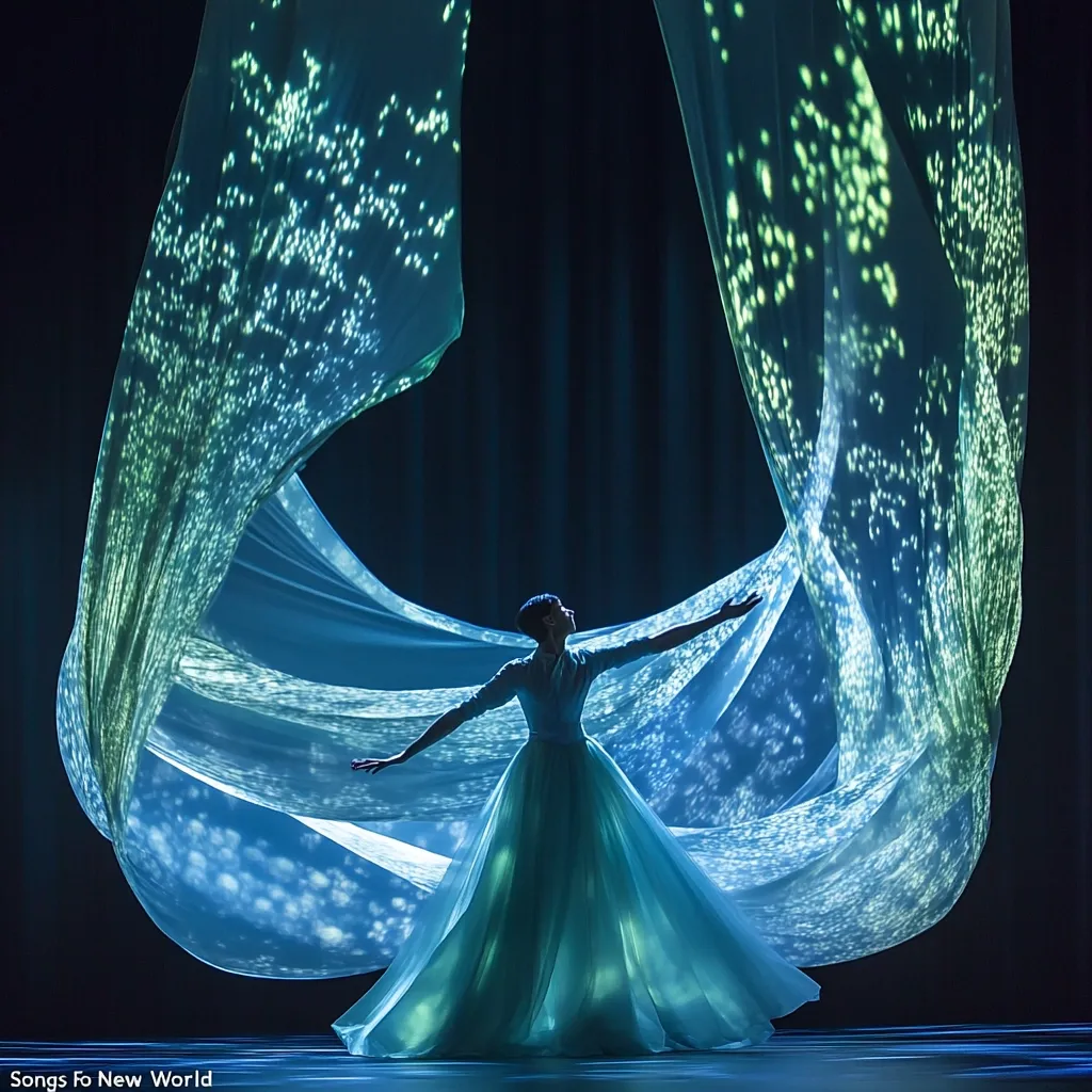 A dancer in a flowing teal gown gracefully stretches their arms wide, enveloped by a large, translucent fabric.  The fabric is illuminated with a mesmerizing projection of sparkling teal and green lights, creating an ethereal and dreamlike atmosphere. The performance is captivating, suggesting themes of freedom and artistry.