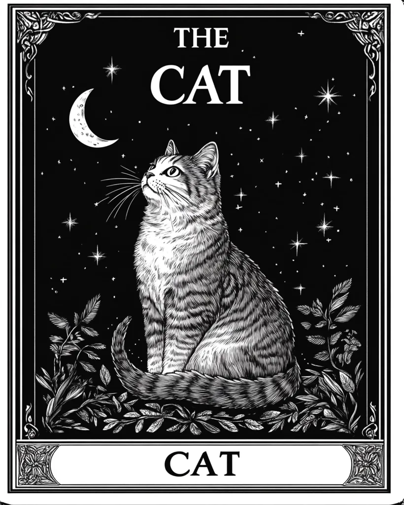 A black and white illustration depicts a cat sitting amidst foliage under a crescent moon and starry night sky. The image is framed with an ornate border, and the words "The Cat" and "Cat" are prominently displayed. The style is reminiscent of vintage book illustrations or tarot card designs, with fine line details and a dark, mysterious atmosphere.  The cat gazes upward, suggesting a mystical or contemplative mood.