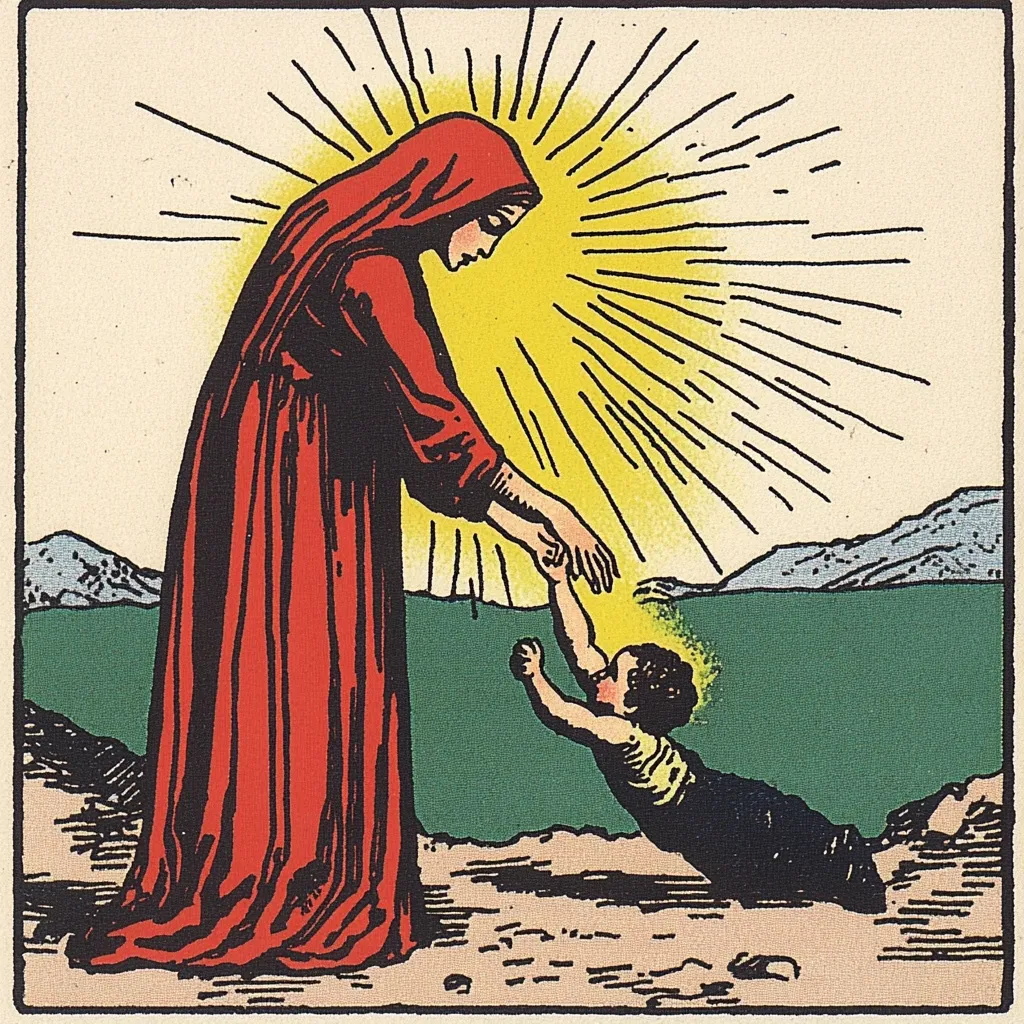A stylized illustration depicts a woman in a flowing red robe extending her hand to a child reaching up from the water.  A radiant sunburst shines behind the woman, illuminating the scene.  The background features a simplified landscape with mountains and water. The image evokes a sense of salvation or rescue.