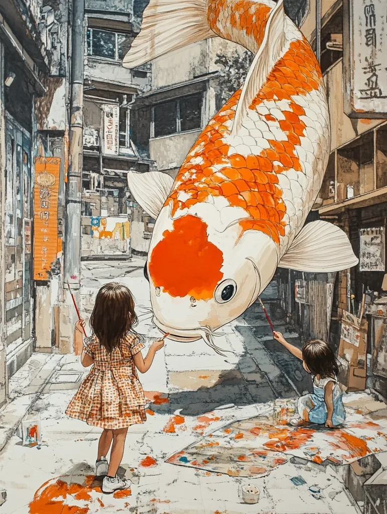 Two young girls paint on a city street as a giant koi fish floats above them.  The scene is a whimsical blend of realism and fantasy, with the aged buildings of an Asian city providing a backdrop to the surreal element of the enormous fish. The girls, dressed in summer attire, are engrossed in their artistic endeavor, creating a vibrant and charming picture. The overall impression is one of imaginative play within a detailed urban setting.