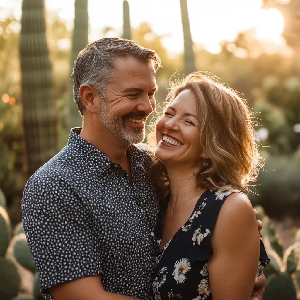 A middle-aged couple stands close, embracing amidst tall cacti at sunset.  The woman laughs openly, her joy mirrored in her husband's smile.  They are dressed casually, their closeness radiating warmth and affection. The golden hour light bathes them in a soft glow, creating a romantic and intimate atmosphere.