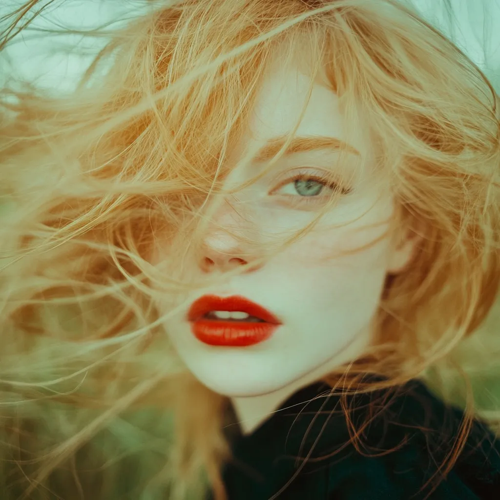 A close-up portrait of a young woman with long, windswept blonde hair.  Her face is partially obscured by her hair, but her striking green eyes and bright red lips are visible.  The overall tone is soft and ethereal, with a dreamy, romantic quality.  She wears a dark-colored top.