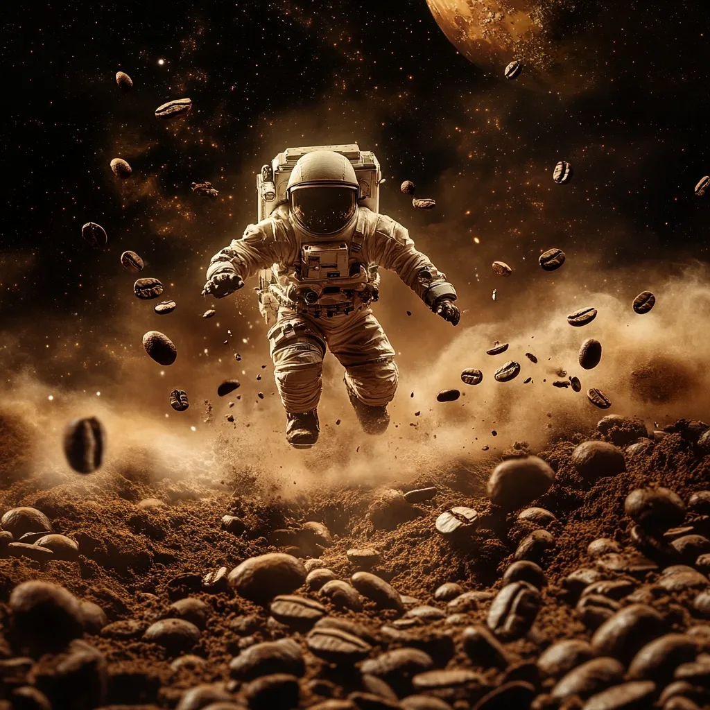 An astronaut floats through space, seemingly on a planet or moon's surface entirely composed of coffee beans and grounds.  The astronaut's spacesuit is illuminated against a dark, starry backdrop, with a hazy orange planet visible in the distance. Coffee beans drift in the air around the astronaut, adding a surreal and whimsical element to the cosmic scene.