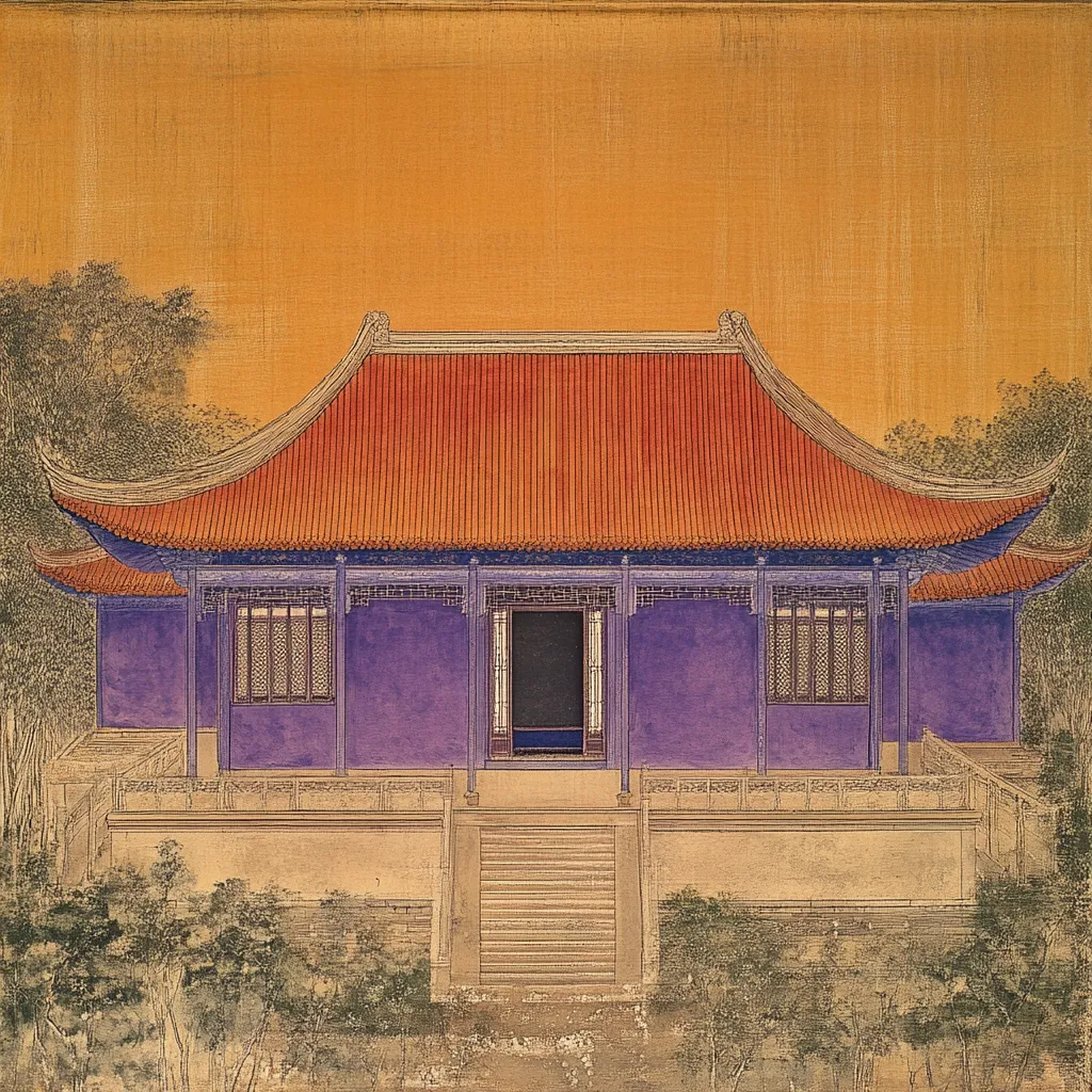 A detailed painting depicts a traditional Chinese pavilion.  The pavilion is purple with an orange roof, featuring upturned eaves and intricate detailing.  It sits on a raised platform with steps leading down to a garden setting.  Surrounding greenery suggests a serene, possibly imperial, garden. The warm, ochre background enhances the building's vibrant colors. The style is precise and elegant, characteristic of classical Chinese painting.