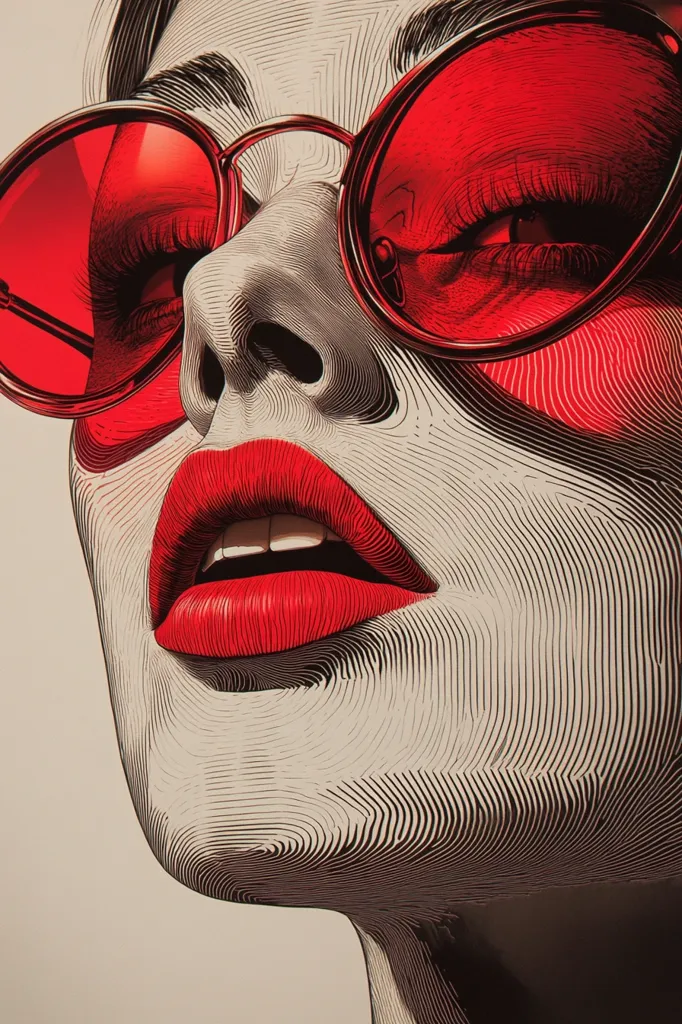 A stylized close-up illustration of a woman's face, rendered in intricate black and white lines.  She wears large, round, bright red sunglasses and bold red lipstick. The lines create a textured, almost three-dimensional effect, emphasizing the curves of her face and the vibrancy of her makeup.  The overall style is graphic and bold.
