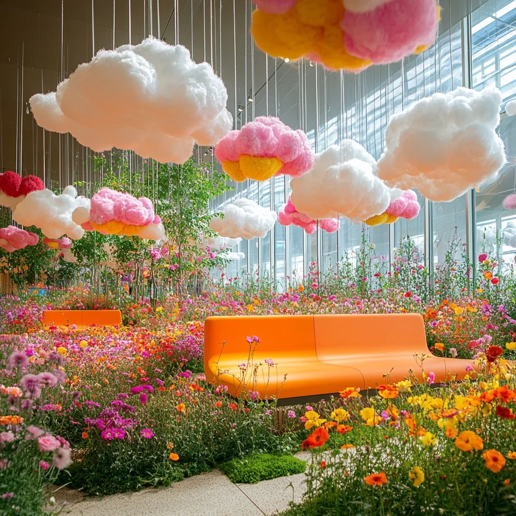 A vibrant indoor garden features fluffy, pastel-colored cloud-like decorations hanging from the ceiling above a field of blooming flowers.  Orange modern sofas are nestled within the colorful flora, creating a whimsical and relaxing atmosphere.  The scene is bright and airy, evoking a sense of playful serenity.