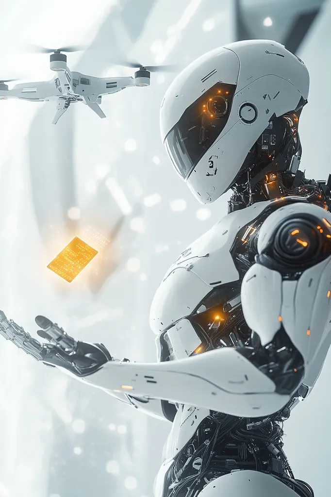 A futuristic white robot, with intricate mechanical details and glowing orange accents, stands in a bright, blurred background.  Its hands are outstretched, seemingly interacting with a small, glowing circuit board floating nearby. A white drone hovers above, suggesting advanced technological integration and perhaps autonomous operation. The scene evokes a sense of technological advancement and potential.