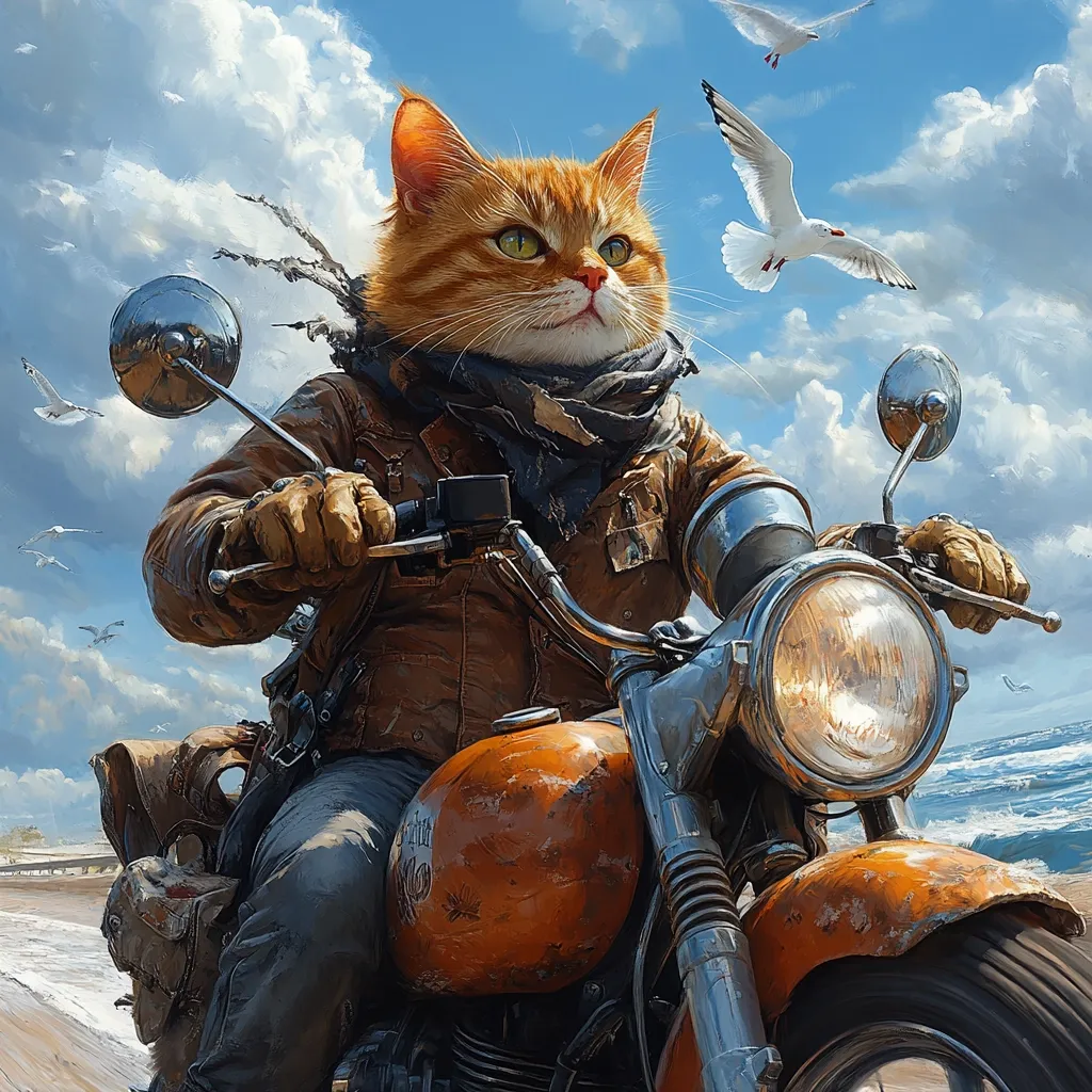 A ginger cat, wearing a leather jacket and scarf, confidently rides a vintage motorcycle along a beach.  Seagulls fly overhead against a bright, partly cloudy sky. The cat's expression is serious and focused as it grips the handlebars. The overall style is digital painting, with a whimsical and adventurous tone.