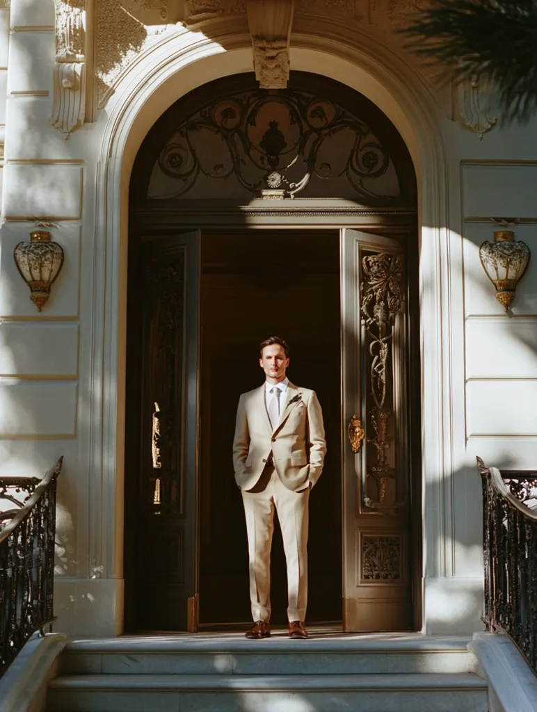 A man in a light beige suit stands in the doorway of a grand, ornate building. Sunlight streams through the arched entryway, illuminating him and casting shadows on the steps. The building features classical architecture with detailed molding and decorative iron railings.  He is poised and elegant, his attire complementing the stately backdrop.