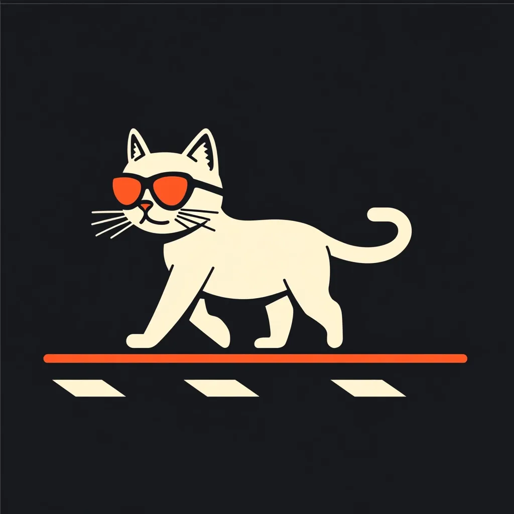 A cool cat, sporting orange sunglasses, strolls across a crosswalk.  The minimalist design features a cream-colored cat with a simple, confident pose against a dark background.  The crosswalk is rendered in bold orange and white stripes, creating a striking contrast. The overall style is clean and graphic, suggesting a playful and stylish aesthetic.