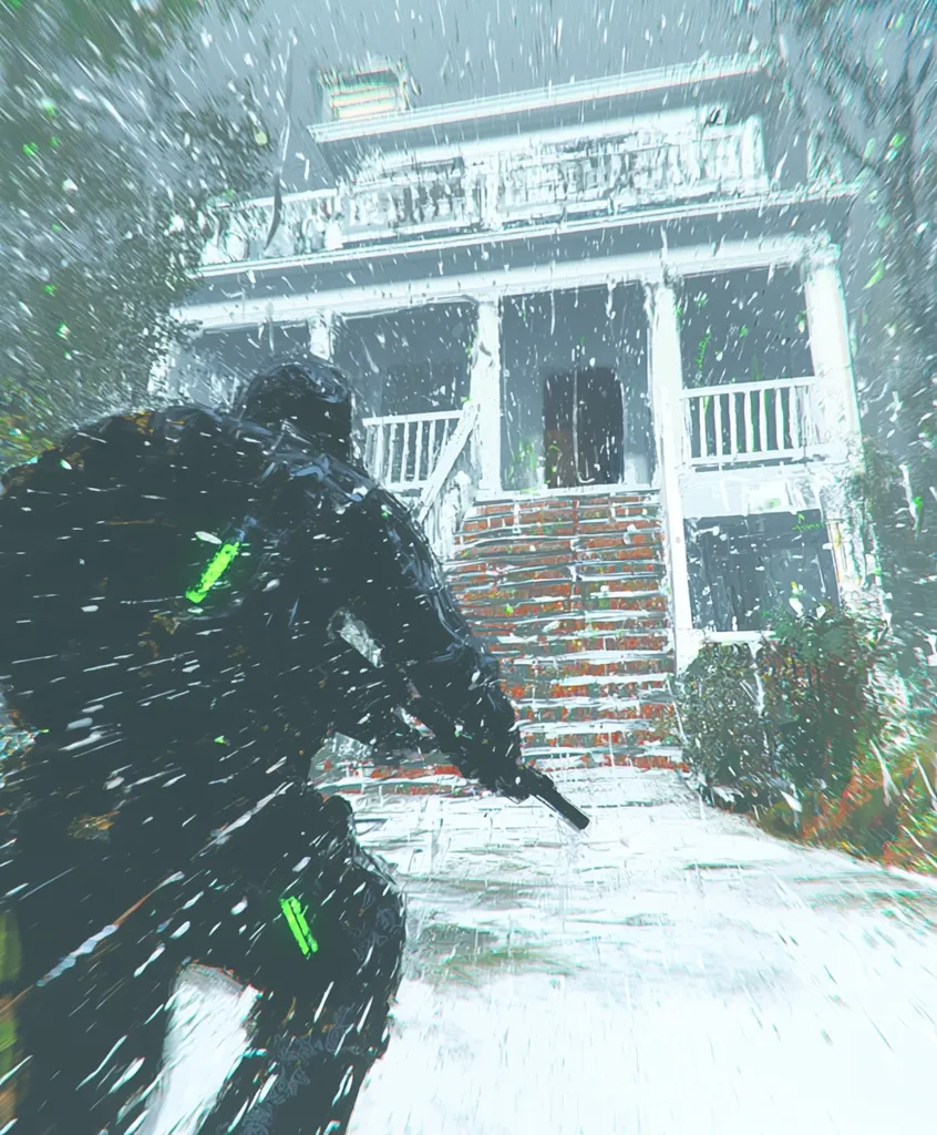 A lone soldier, clad in dark tactical gear, advances towards a large, weathered house during a heavy snowstorm.  The soldier, partially obscured by snow and motion blur, carries a rifle, their focus fixed on the house's entrance. The building appears old and possibly abandoned, its brick steps and porch partially covered in snow. The scene evokes a sense of tension and mystery.