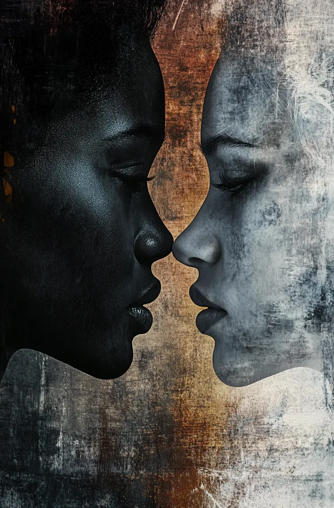 A stylized artwork depicts two female faces, one dark-skinned and one light-skinned, in profile, their foreheads touching.  The faces are rendered with a textured, almost grunge-like effect, creating a contrast between their smooth skin and the rough background.  Eyes are closed, suggesting intimacy or contemplation. The contrasting skin tones and the textured backdrop contribute to a powerful visual narrative of unity and difference.
