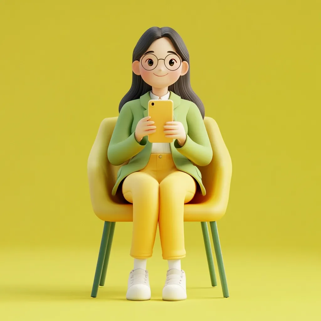 A 3D-rendered illustration depicts a smiling woman with dark hair and glasses sitting in a yellow chair.  She's wearing a green jacket and yellow pants, and holds a yellow smartphone. The scene is set against a solid yellow background, creating a cheerful and minimalist aesthetic. The overall style is cartoonish and friendly.
