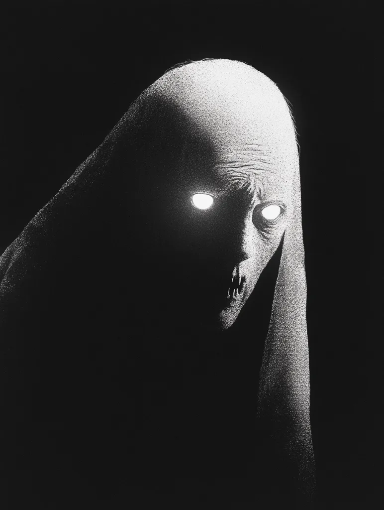 A monochrome illustration depicts a hooded figure shrouded in darkness.  Only the face, partially visible, is illuminated, revealing glowing eyes and a gaunt, aged visage. The texture is grainy, adding to the eerie and unsettling atmosphere.  The figure's expression is one of silent menace, its features hinting at something ancient and malevolent. The overall effect is chilling and mysterious.
