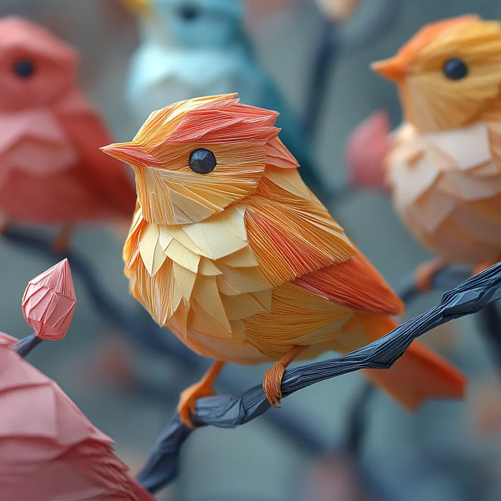 A detailed close-up showcases a meticulously crafted paper bird, predominantly orange and yellow, perched on a dark branch.  Its plumage is rendered with numerous small, layered paper pieces, creating a textured and lifelike appearance.  Two other birds, one light blue and one coral, are visible in the blurred background, suggesting a flock or collection. The overall aesthetic is delicate and artistic.