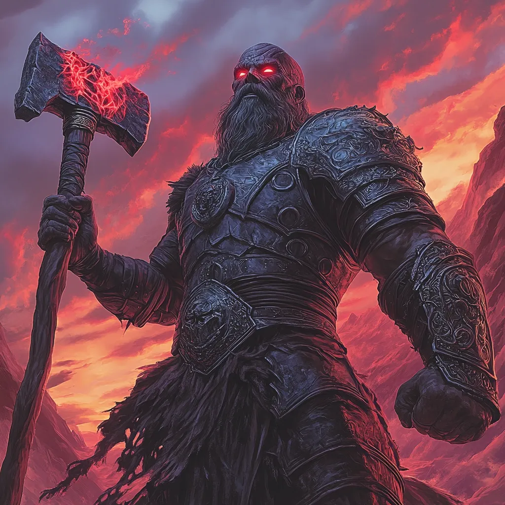 A colossal, dark-armored warrior stands against a fiery, crimson sunset.  His glowing red eyes and long beard accentuate his formidable presence. He wields a massive battle-axe, its head crackling with ominous red energy.  Intricate metalwork adorns his armor, suggesting immense power and a history of conflict. The mountainous landscape emphasizes his imposing stature.