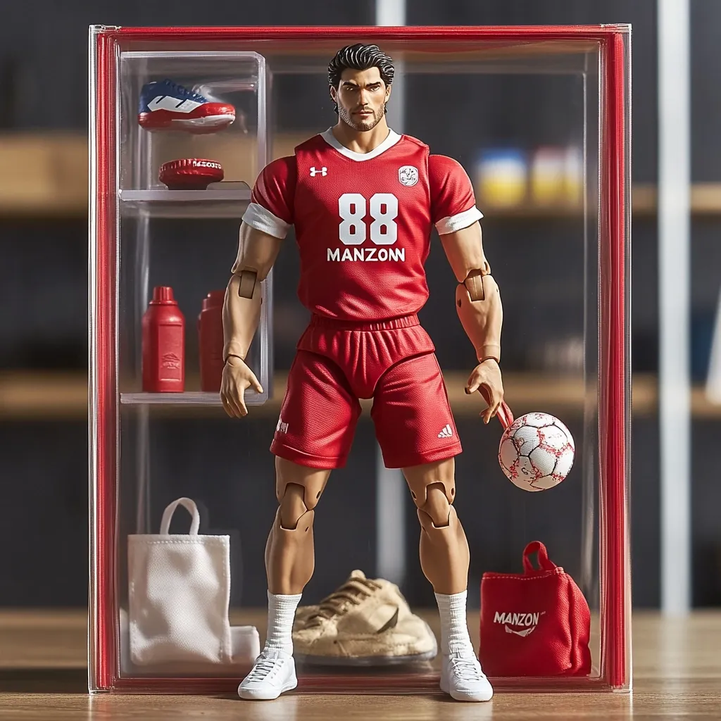 A meticulously detailed action figure of a soccer player, number 88 Manzon, is displayed in a clear acrylic case.  The figure is dressed in a red jersey and shorts, Adidas branding visible.  Accessories include a soccer ball, shoes, a bag, and water bottles, all neatly arranged within the case, enhancing the presentation.  The figure's muscular build and realistic features are striking.