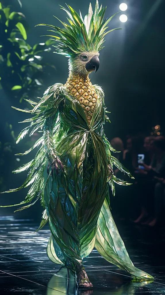 A model in a breathtaking avant-garde costume struts down a runway.  The elaborate outfit depicts a parrot, its head and chest fashioned from a pineapple, adorned with lush, vibrant green plumage that cascades into a flowing gown.  The dramatic lighting enhances the intricate detail and ethereal quality of the design.  The overall effect is striking and surreal.
