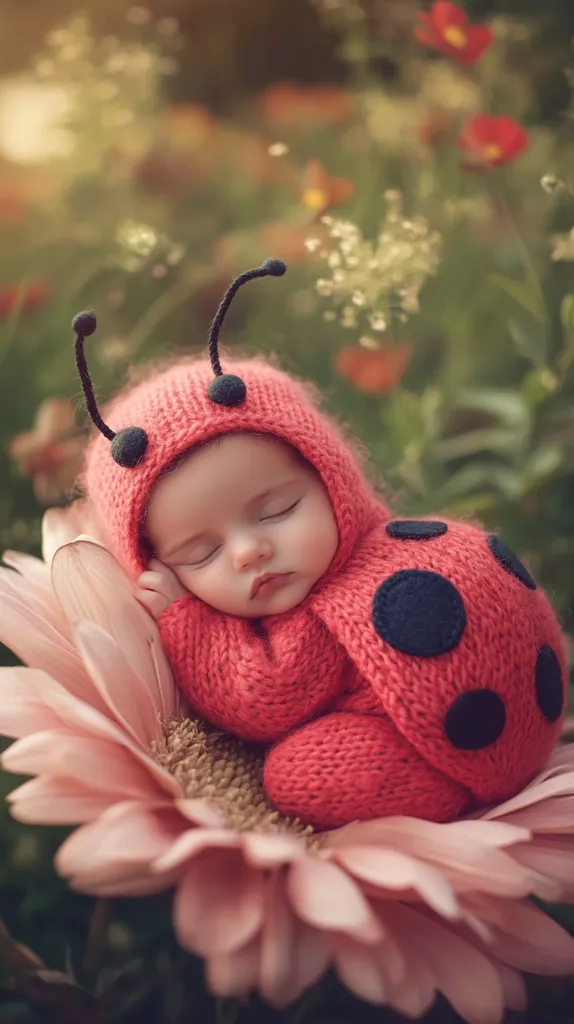 A peacefully sleeping newborn baby is nestled in a large, pink flower. The baby is dressed in an adorable hand-knitted ladybug costume, complete with antennae and black spots. The soft, pastel colors and the gentle pose create a serene and heartwarming image, reminiscent of a fairy tale.  The blurred background of wildflowers adds to the idyllic scene.