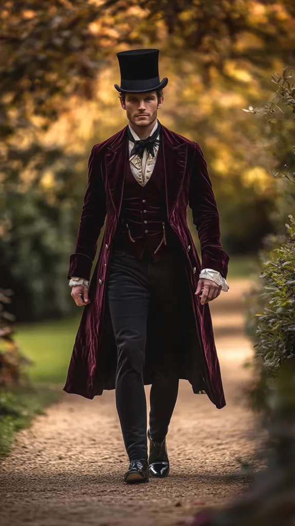 A man in a dark burgundy velvet coat and black top hat strolls down a gravel path. His attire includes a matching waistcoat, black trousers, and polished black shoes. The autumnal backdrop of blurred foliage enhances the image's atmosphere, creating a sophisticated and mysterious mood.  His expression is serious and somewhat reserved, adding to the overall enigmatic feel.