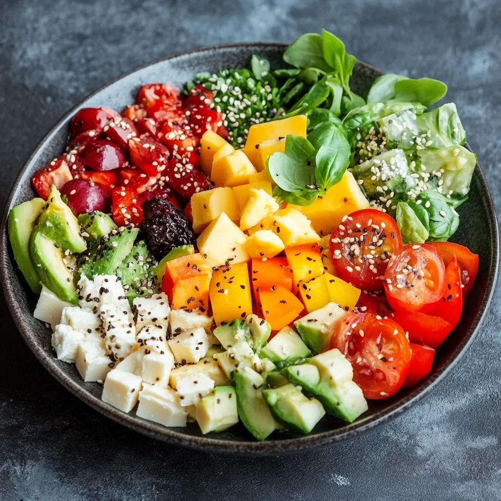 A vibrant rainbow salad is artfully arranged in a dark bowl.  Sections showcase diced avocado, feta cheese, yellow and orange bell peppers, cherry tomatoes, red peppers, and cheese cubes.  Fresh basil leaves and sesame seeds add texture and flavor. The arrangement suggests a healthy and visually appealing meal.