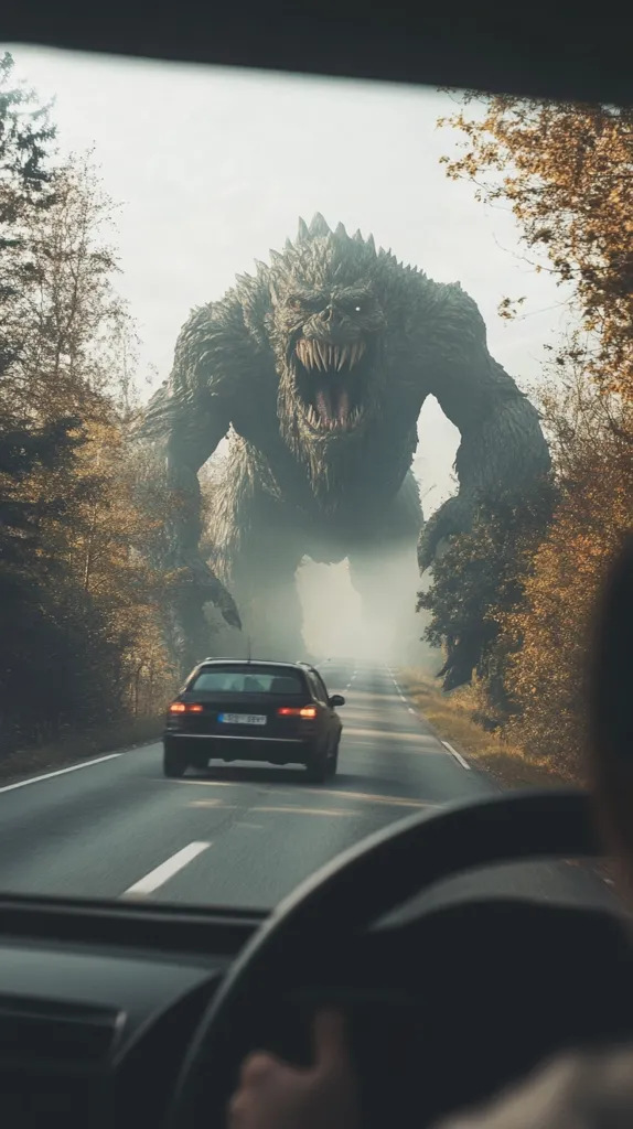 A monstrous, reptilian creature looms over a road, its massive form dwarfing a car and another vehicle in the distance. The scene is set in a misty forest, creating a sense of unease and scale.  The perspective is from inside a car, the driver's hands visible on the steering wheel, adding to the feeling of impending danger and suspense. The image blends reality and fantasy, creating a striking visual.