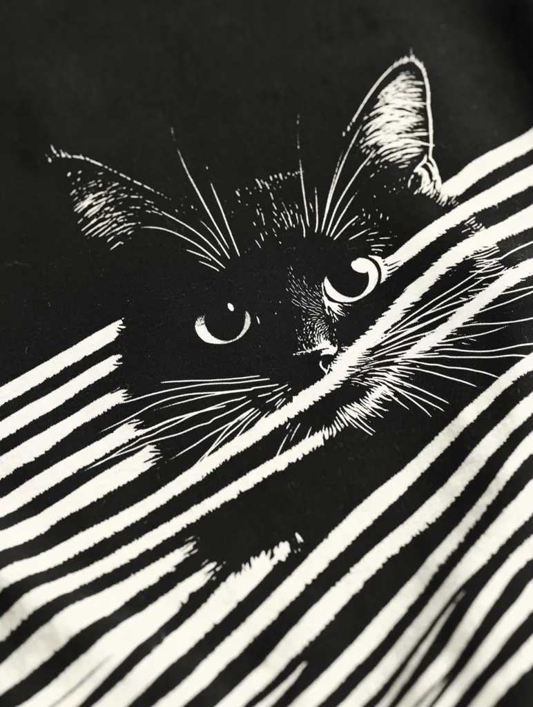 A close-up shot reveals a black and white graphic design featuring a cat's face partially obscured by bold, thick white stripes on a black background. The cat's eyes and whiskers are prominently displayed, creating a striking contrast against the striped pattern. The image suggests a playful, possibly edgy aesthetic. The style is reminiscent of vintage printmaking techniques or modern graphic art.