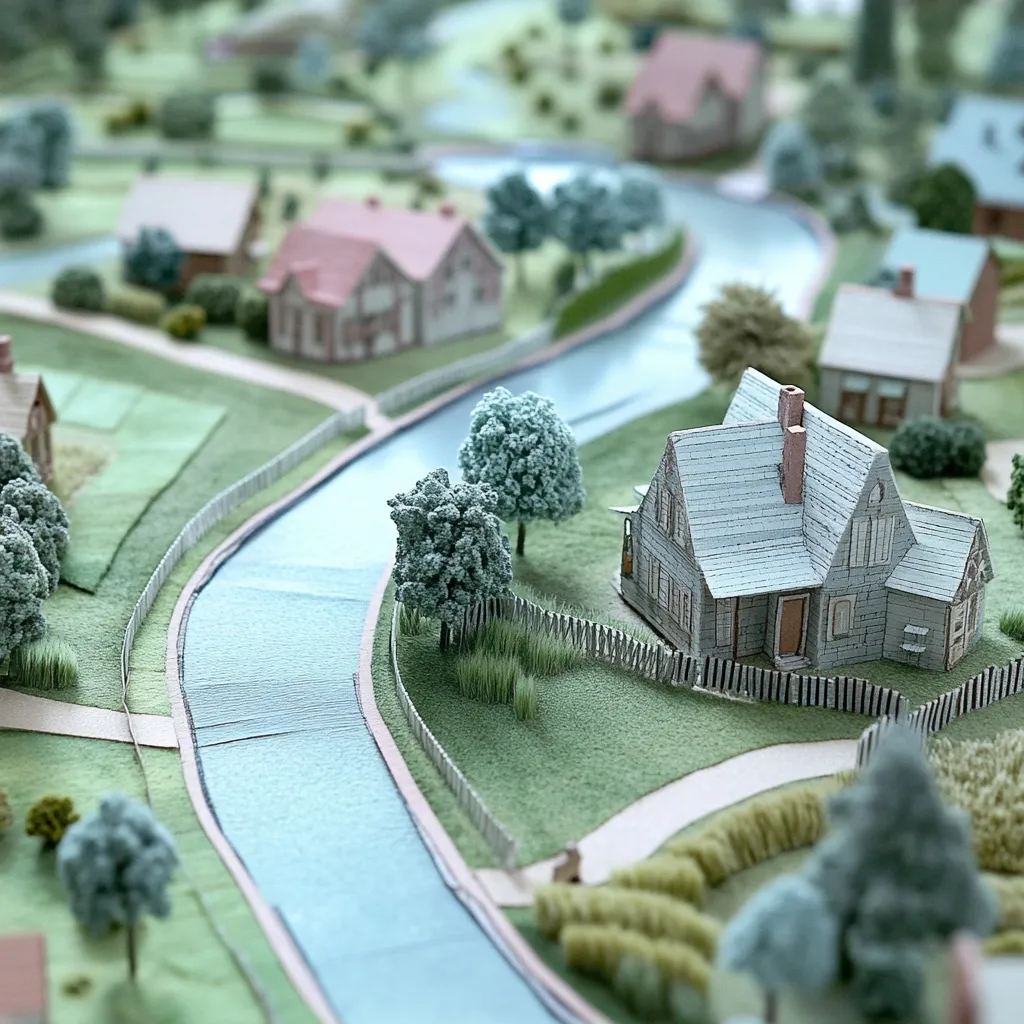 A meticulously crafted model village features charming houses nestled along a gently curving river.  Small trees and meticulously detailed landscaping surround the quaint homes, creating a serene and idyllic scene.  The model is constructed with attention to detail, showcasing a peaceful, miniature community.  The pale blue river acts as a central feature, winding its way through the village.