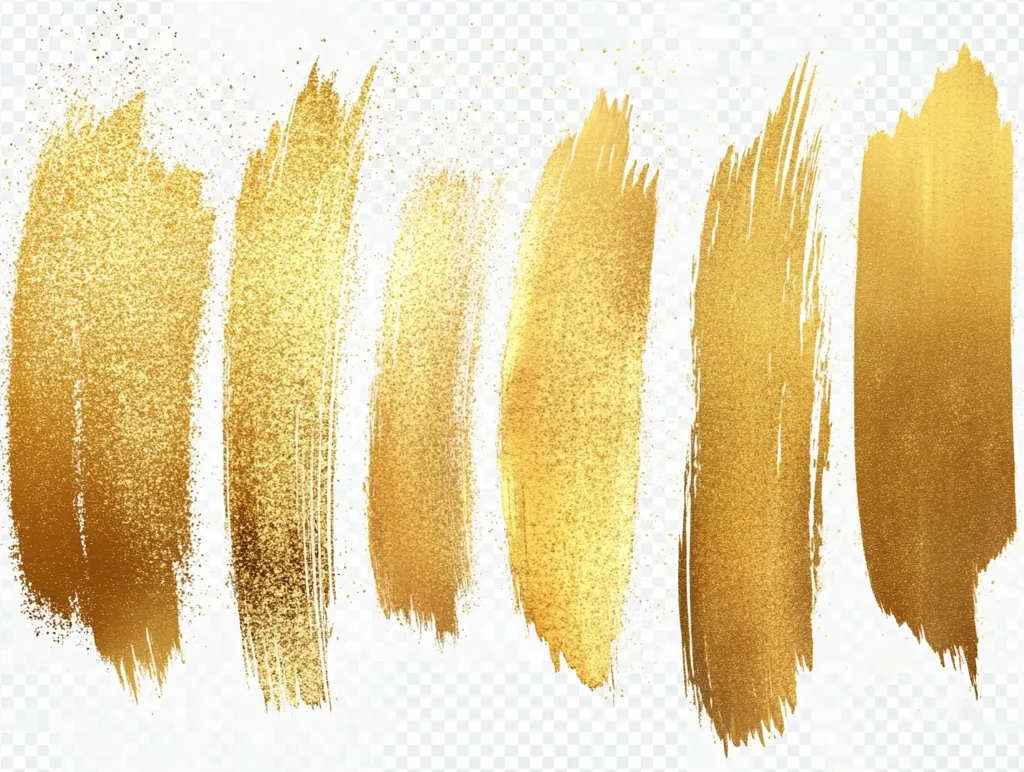 Seven vertical strokes of gold paint, textured like glitter, are presented against a transparent background. The strokes vary slightly in width and length, creating a dynamic and luxurious effect.  They appear hand-painted, with visible brushstrokes adding to the artisan feel.  The gold is rich and luminous.