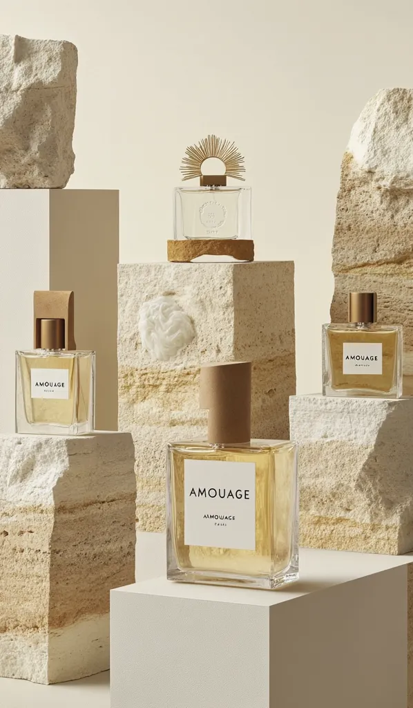 A minimalist still life showcases Amouage perfumes.  Three rectangular bottles of varying heights, featuring a beige-gold hue and minimalist labeling, are displayed on light beige stone blocks. A fourth bottle, topped with a unique sunburst-shaped design, sits atop a smaller stone block. The overall aesthetic is clean, luxurious, and evokes a sense of calm.