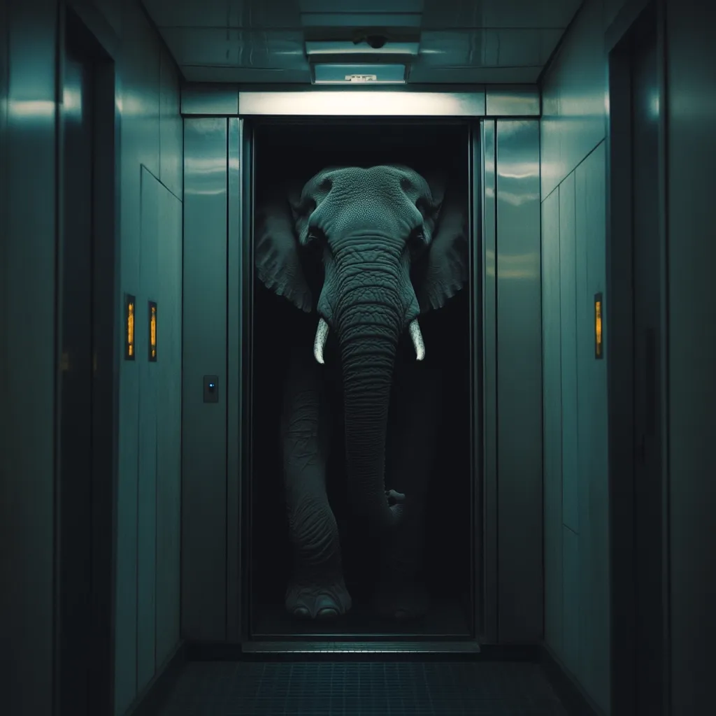 A large elephant stands in an elevator doorway, filling the frame. The dimly lit elevator shaft is dark teal, with metal walls and doors.  The elephant's presence is imposing, creating a surreal and slightly unsettling image. The contrast between the massive animal and the confined space emphasizes the unexpectedness of the scene.