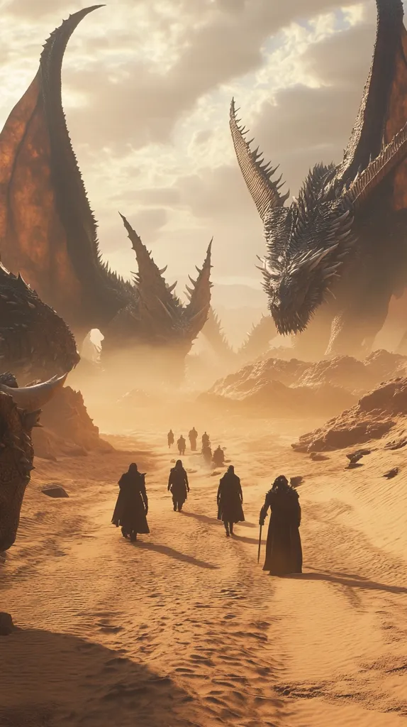 A group of cloaked figures traverse a desolate, sandy landscape under a cloudy sky.  Two enormous dragons, one partially obscured, loom in the background, their immense size dwarfing the travelers.  The scene evokes a sense of epic adventure and impending danger, perhaps a journey into a dragon's territory or a confrontation with powerful mythical beings. The warm hues of the sunset cast long shadows, adding to the dramatic atmosphere.